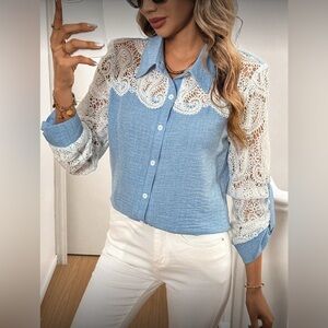 Denim Effect Contrast Lace Trim Long Sleeve Blouse NWOT
